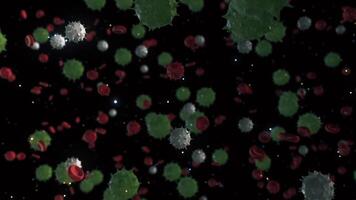 abstrakt grön och vit bakterie bland röd blod celler. animation. arbetsflöde av immun systemet av en friska kropp, mikrobiologi och vetenskap begrepp, sömlös slinga. video