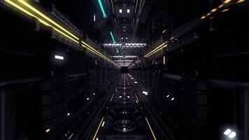 Flying through the digital futuristic dark tunnel, seamless loop. Animation. View inside of a technological space tunnel or spaceship corridor. video