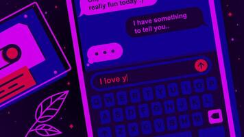 dichtbij omhoog van een abstract smartphone scherm en chatten werkwijze, typen bericht ik liefde jij. voorraad animatie. concept van aarzeling, liefde, en Uitgang van vriend zone concept. video