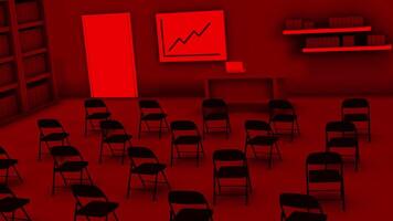 Abstract empty test or exam room of red color, education concept. Animation. 3D layout of a classroom with a blackboard, chairs and a bookcase. video