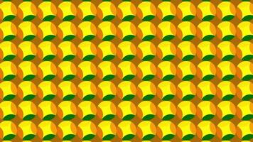 Poly art kaleidoscopic hypnotic background of yellow, green, and orange. Stock animation. Abstract parallel rows of circles becoming rotating oval shapes with psyhedelic effect. video