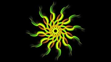 Abstract kaleidoscopic flower isolated on black background. Animation. Motion graphics with green and red rotating and changing figure, seamless loop. video
