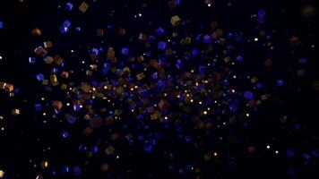 Abstract particle background, a lot of small details and elements flying into one line. Animation. Moving colorful squares forming one stripe isolated on black background. video