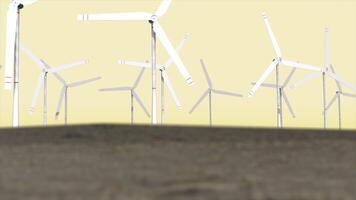 abstrakt Landschaft mit das Feld, Sonnenuntergang Himmel, und Grün Energie Elektrizität Produktion. Animation. Windmühlen mit rotierend Klingen auf das endlos Feld, sauber Energie Konzept. video