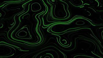 Abstract background with wavy deformed thin lines moving fast, seamless loop. Animation. Beautiful green neon shapes on black background. video