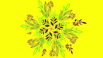 Abstract colorful schematic flowers and petals appear on yellow background. Animation. Elegant colorful floral pattern in a circle form. video