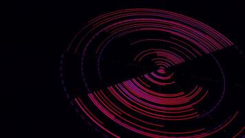 Beautiful abstract round object of pink color. Animation. Abstract disc shaped circular bright glowing form spinning and leaving behind narrow stripes on black background, seamless loop. video