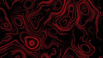 Abstract background with wavy deformed thin lines moving fast, seamless loop. Animation. Beautiful red neon shapes on black background. video