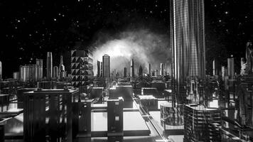 futuristico monocromatico paesaggio, movimento nel virtuale spazio e il sfondo di un che esplode stella e un' città. azione animazione. volante sopra il astratto bellissimo città, strade e edifici contro video