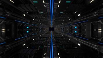 rör på sig genom avancerad tunnel. animation. trogen tunnel med svart metall detaljer och neon rader. tunnel i stil av framtida med neon rader video