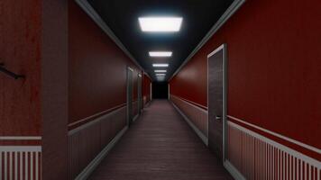 Moving through the corridor inside the hotel building with red walls. Animation. 3D design and architecture concept, view inside of the abstract hall with doors and lamps. video