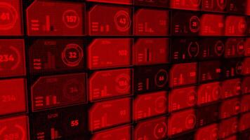astratto rosso righe di piccolo cellule con diverso numeri fluente giù lentamente su nero sfondo, senza soluzione di continuità ciclo continuo. animazione. futuristico sfondo, informatica tecnologie concetto. video
