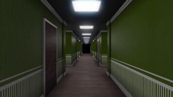Moving through the corridor inside the hotel building with green walls. Animation. 3D design and architecture concept, view inside of the abstract hall with doors and lamps. video