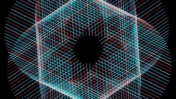 Colorful kaleidoscopic rotating pattern. Animation. Abstract blue and red narrow straight lines crossing and forming 3D spinning figure looking like flower, seamless loop. video