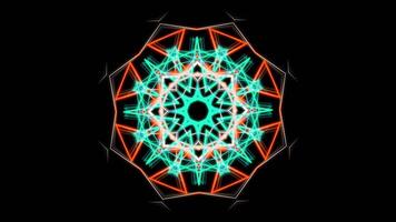 Blue and orange kaleidoscopic abstract pattern. Stock footage. Hypnotic motion of symmetrical figure with bended lines looking like digital flower isolated on black background, seamless loop. video