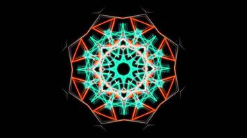 Blue and orange kaleidoscopic abstract pattern. Stock footage. Hypnotic motion of symmetrical figure with bended lines looking like digital flower isolated on black background, seamless loop. video