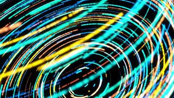 3D animation of twisting digital spiral of neon stripes. Animation. Vivid animation with colorful striped spiral with 3D effect on black background video