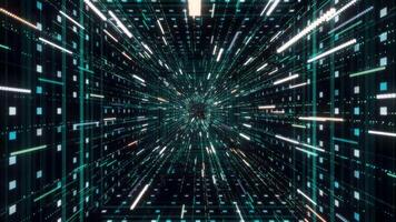 Futuristic shining tunnel with stream of lines. Animation. Beautiful dive into cyber space of square tunnel with neon lines through stream of shining stripes video