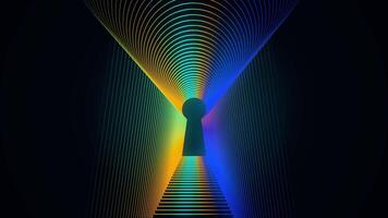 Abstract animation of neon keyhole icon forming the tunnel on black background with the light dispersion effect. Animation. Colorful frames around the key hole silhouette. video