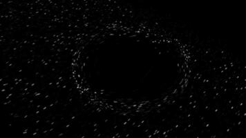 Abstract fast flight of stars in outer space crossing black wormhole, seamless loop. Animation. Cosmic background with a black hole and milky way on black background. video