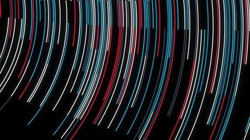 Abstract colorful narrow lines moving fast on black background, seamless loop. Animation. Bended stripes flowing into the same direction. video