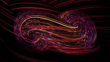 Abstract twisted lines moving on black background, infinity concept. Animation. Beautiful neon figure with flowing pink and red particles, seamless loop. video