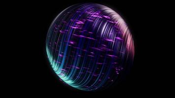 Abstract purple planet covered by beautiful shining threadlike bended lines isolated on black background. Animation. Amazing space body rotating and glowing, seamless loop. video