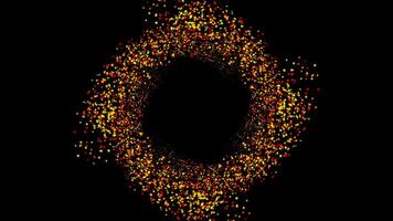 Small particles of red and yellow colors rotate on a black background forming a circle. Animation. Futuristic modern dynamic background with bright particles. video