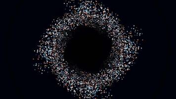 Beautiful abstract animation of white small particles chaotically rotating on the black background. Animation. Abstraction with magic snow particles rotation video