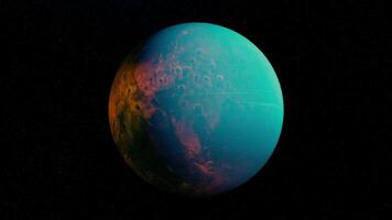 3D beautiful planet rotating surrounded by endless dark space. Animation. Colorful spinning unknown planet isolated on black background, seamless loop. video