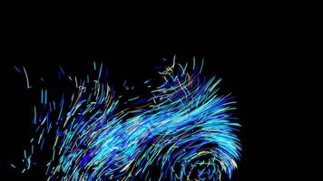 Abstract colorful gentle flow of bended narrow lines over the black background. Animation. Colorful space comet tail moving chaotically. video