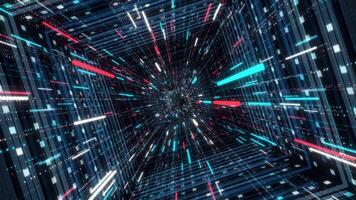 Flying through an abstract colorful wormhole tunnel on black background, seamless loop. Animation. Jump into hyperspace, 3d graphic motion. video