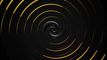 Abstract beautiful hypnotic rotating spiral of wide bended stripes surrounded by yellow rings, seamless loop. Animation. Motion background in black and golden colors. video