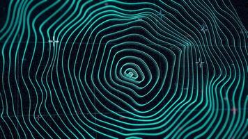 Animated abstract bended neon concentric circles on black background. Animation. Futuristic turquoise geo location program with wavy surface, seamless loop. video