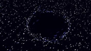 Abstract fast flight of stars in outer space crossing black wormhole, seamless loop. Animation. Cosmic background with a black hole and milky way on black background. video