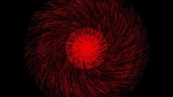 Abstract spiral rotating glowing red lines over black background, seamless loop. Animation. Fast motion and rotation of lines and particles. video