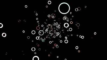 Abstract animation of white and red small green rings floating on the black background. Animation. Circle frames flying away in the darkness and disappear. video