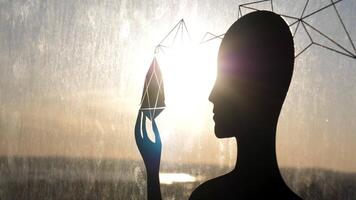 vrouw zwart silhouet tegen glas venster met een vreemd voorwerp in haar hand. voorraad filmmateriaal. zon schijnend door de vrouw vorm geven aan, de derde oog en ziel verlichting concept. video