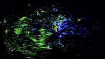 Abstract flying space dust of green and blue color on black background, seamless loop. Animation. Beautiful small particles rotating in the dark. video