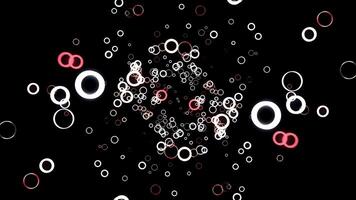 Abstract background with animation of flying circles on black background, seamless loop. Animation. Colorful rings of red and white colors in 3d motion. video