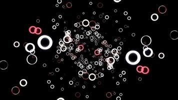 abstrait Contexte avec animation de en volant cercles sur noir arrière-plan, sans couture boucle. animation. coloré anneaux de rouge et blanc couleurs dans 3d mouvement. video