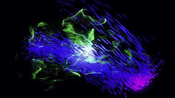 Beautiful abstract comet following the curved trajectory surrounded by green space dust isolated on black background, seamless loop. Animation. Colorful purple comet moving among green flying video