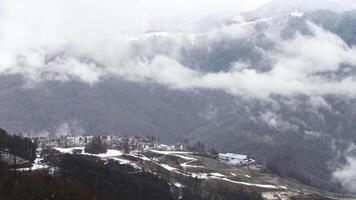 antenne visie van winter pijnboom boom Woud en mist aan het bedekken berg hellingen in winter seizoen. voorraad filmmateriaal. klein stad- gelegen in bergen. video