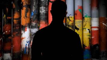 Rear view of a man silhouette standing in front of rotating columns covered by colorful brush strokes, modern art. Concept. Art object in museum, Sansara wheel theme. video