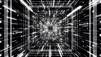 hyperspace springen door sterren, tijd, en kosmisch tunnel, naadloos lus. animatie. abstract vlucht door 3d futuristische tunnel en vloeiende helder deeltjes, monochroom. video