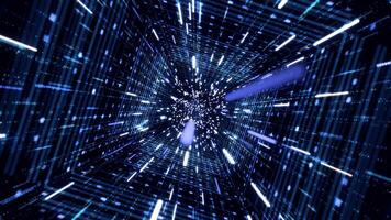 Moving through the abstract blue neon outer space tunnel, seamless loop. Animation. 3D flight inside time machine with the speed of light and stars. video