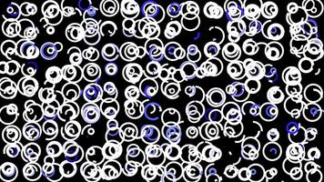 Many rings formed by bended narrow lines isolated on black background, seamless loop. Animation. Chaotic motion of circles, blue and white swaying figures. video