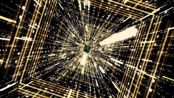 Moving through the abstract golden neon outer space tunnel, seamless loop. Animation. 3D flight inside time machine with the speed of light and stars. video