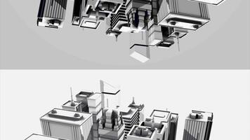 il monocromatico disposizione di il città quartiere Filatura su bianca sfondo con suo sottosopra giù speculare riflessione su grigio sfondo, senza soluzione di continuità ciclo continuo. animazione. architettura concetto. video