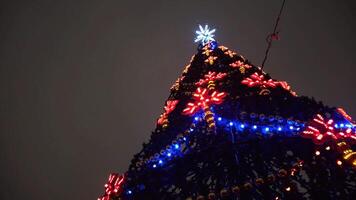 visie van de bodem Aan de mooi Kerstmis boom met feestelijk decoraties en slinger van veelkleurig lichten tegen de grijs nacht lucht. concept. mooi landschap van Kerstmis vakantie video